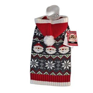Simply Dog Christmas Sweater Size S Pom Pom Hooded Santa Claus Red/Gray